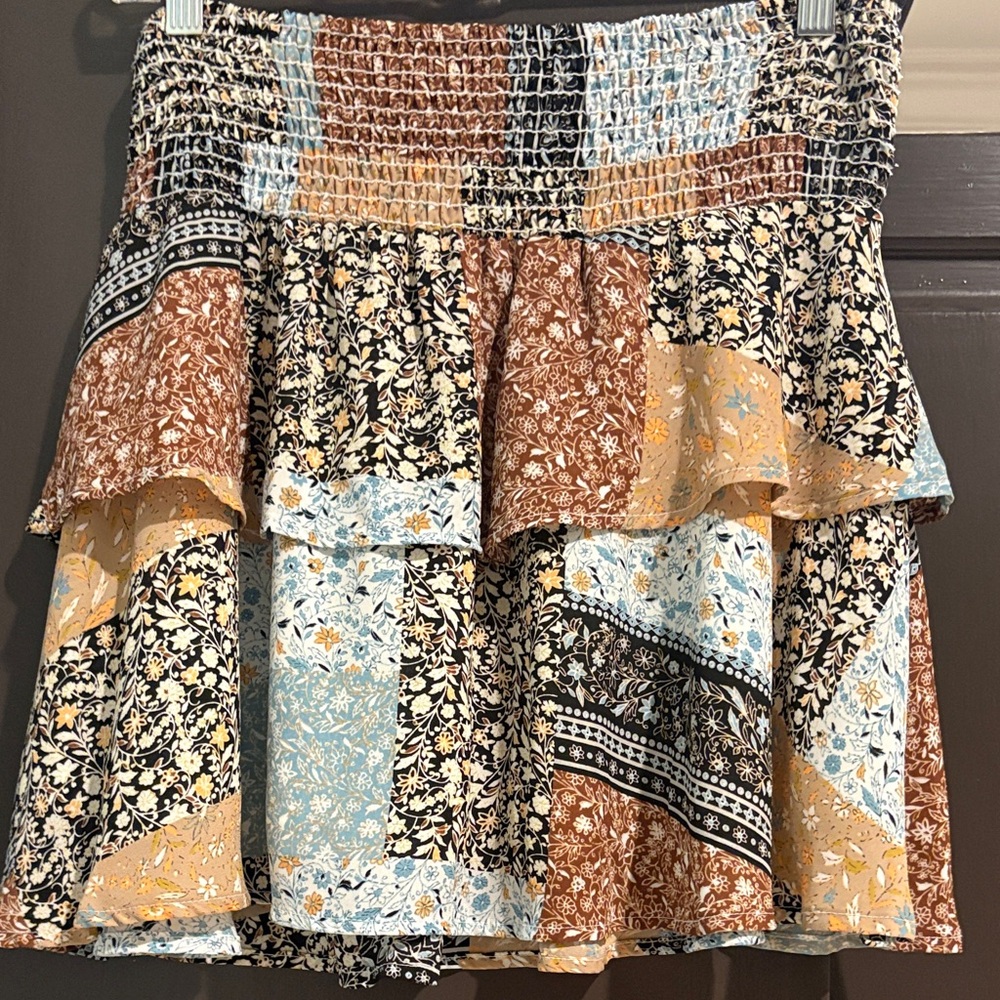 Boho Patchwork Mini Skirt in Brown, Blue & Cream